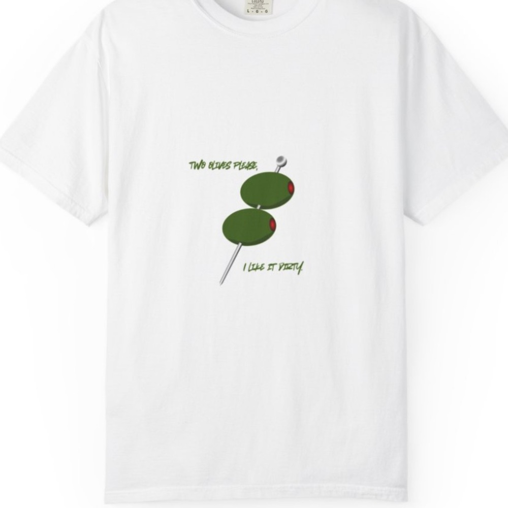 Comfort Colors White Short Sleeve T-Shirt with Green Olive Skewer Graphic